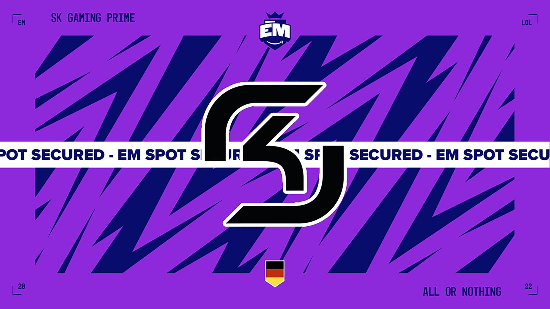 Das SK Gaming Prime Logo vor dem EU Masters Hintergrund nach der erfolgreichen Qualifikation.