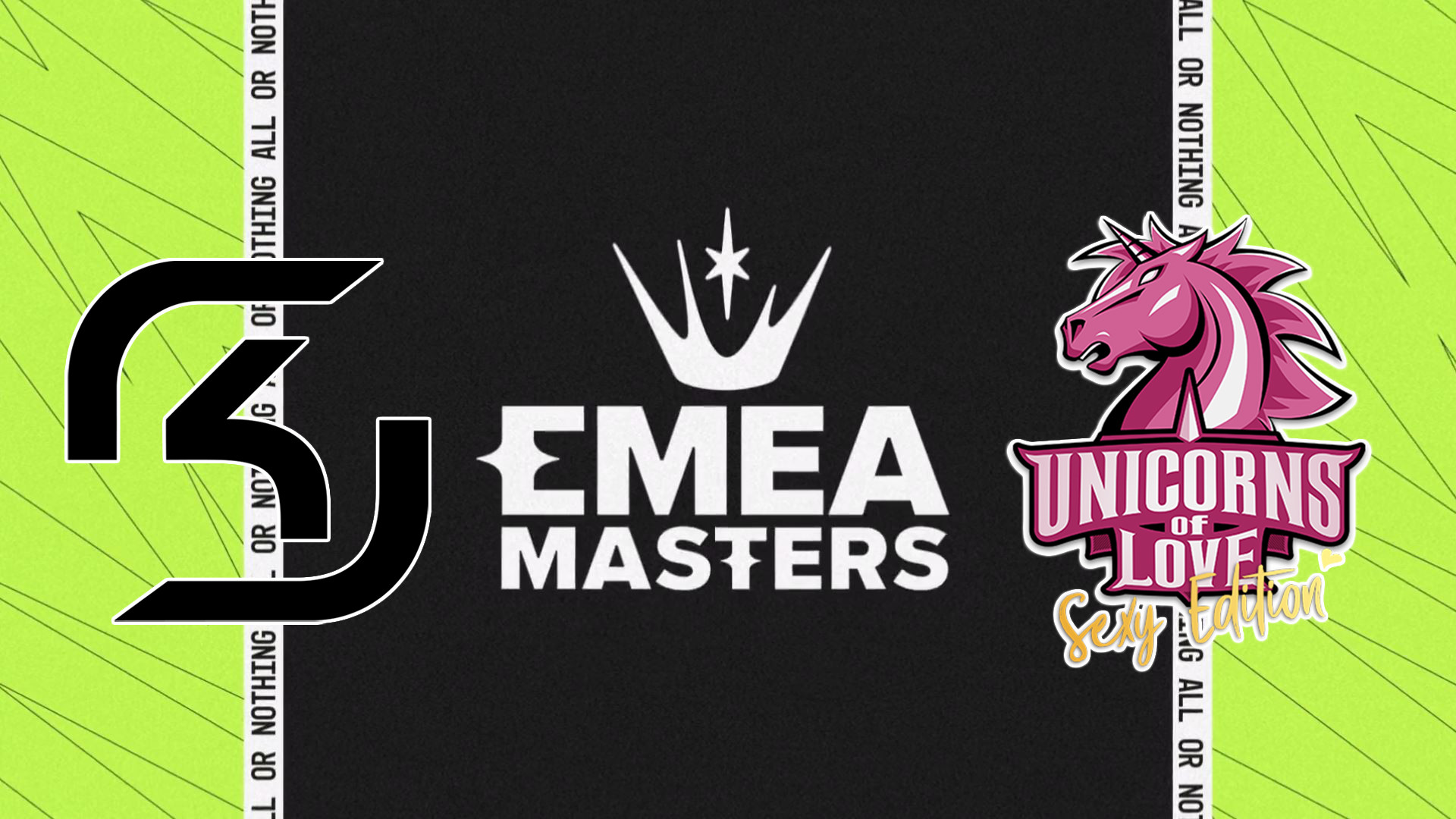 Das BIld zeigt das EMEA Masters Logo sowie die Wappen der Unicorns of Love und SK Gaming Prime.