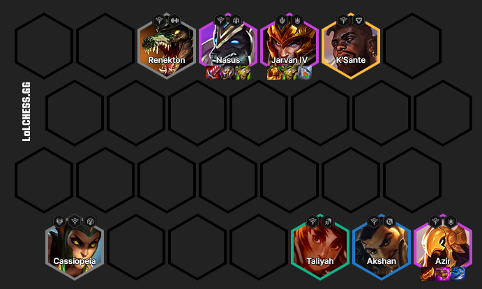 In der Shurima-Komposition geht der Carry-Spot rechts unten an Azir. Renekton, Nasus, K'Sante und Jarvan bilden die erste Reihe.