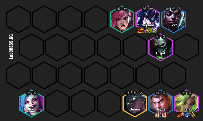 Zeri befindet sich als wichtigster Carry im rechten unteren Eck. Jayce und Senna stehen daneben, während die Frontline hier aus Ekko, Sejuani und Vi besteht.