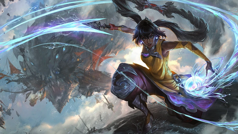 Auf dem Bild ist der LoL-Champion Nilah mit ihrem Standard-Skin zu sehen.